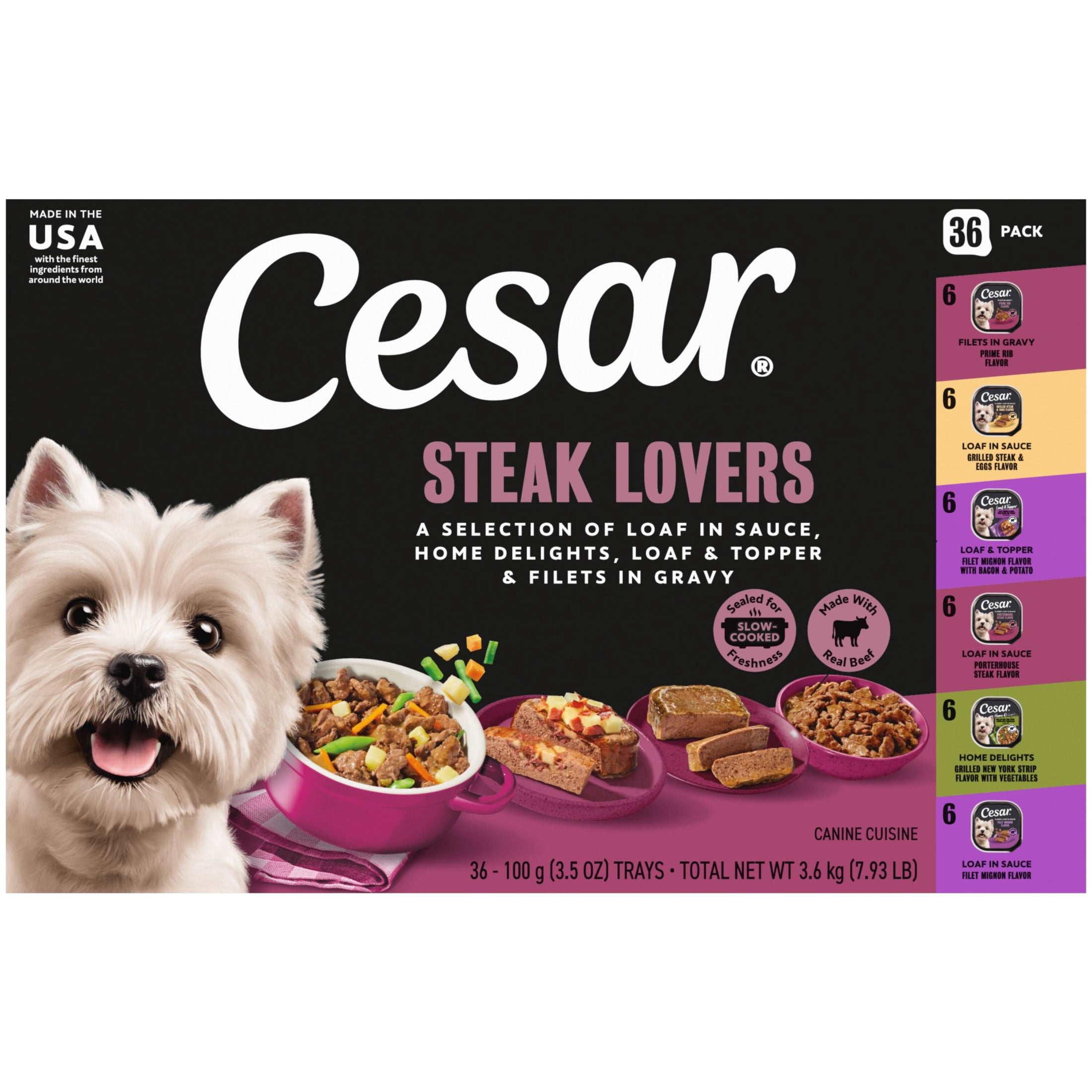 (2 pack) Cesar Wet Dog Food Steak Lovers Variety Pack, Real Meat Wet Food for Dogs, 36 Count