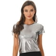 thumbnail image 3 of YEAHDOR Womens Metallic Shiny T-shirt Glossy Solid Color Short Sleeve Tees Tops Gray XXL, 3 of 7