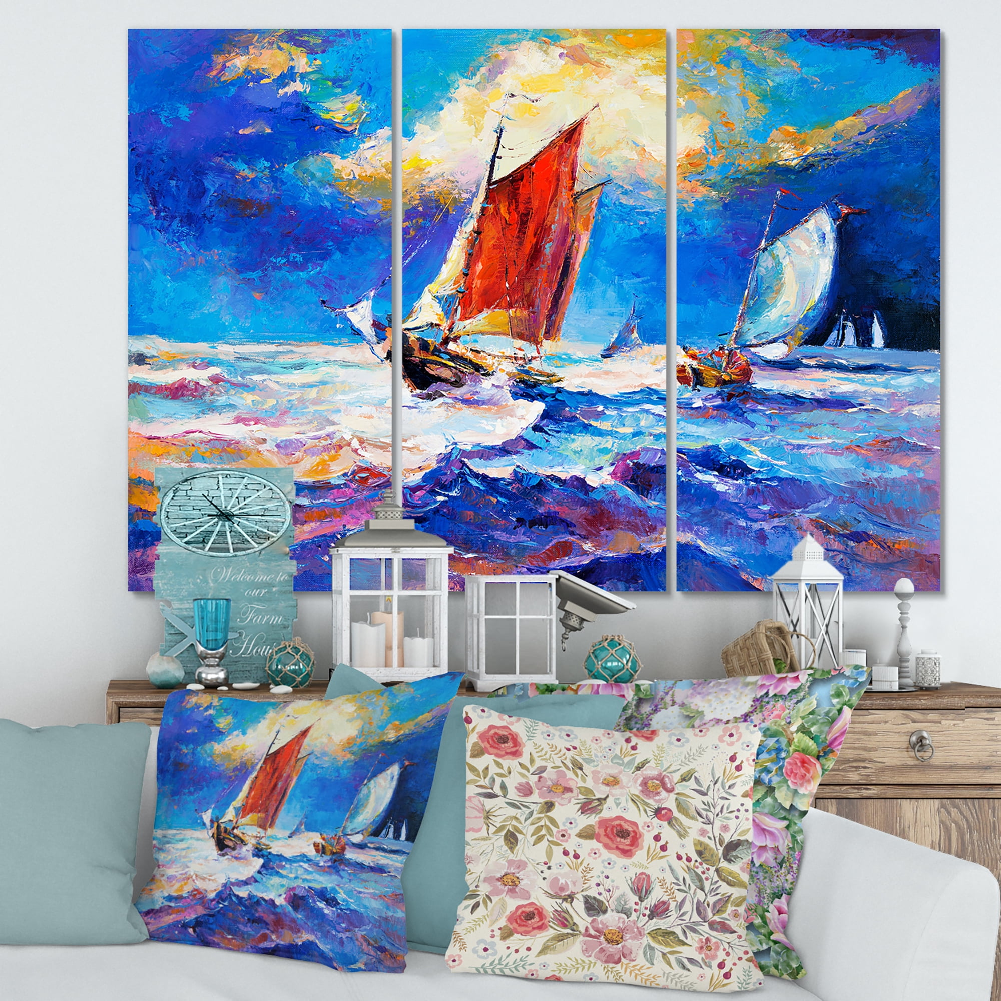 Designart ' Sailships On The Ocean Waves During Evening ' Nautical & Coastal Canvas Wall Art Print