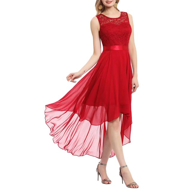 Kmbangi Robe Trapèze de Soirée pour Femme, Dentelle Patchwork, Grande Ampleur, Robe en Mousseline, Été, Col Rond, Sans Manches, Ourlet Irrégulier