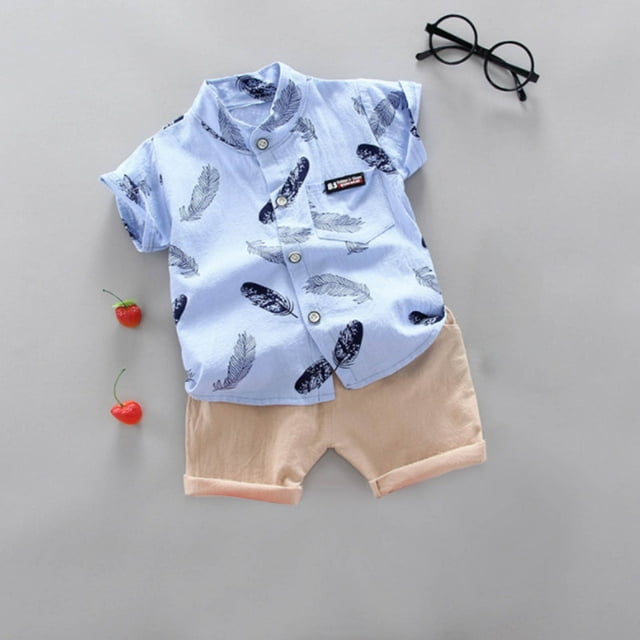 hengsof Children's Two Piece Short Sleeve Leaf Print Button Down Shirt Top and Track Shorts Fashionable Children's Summer Set