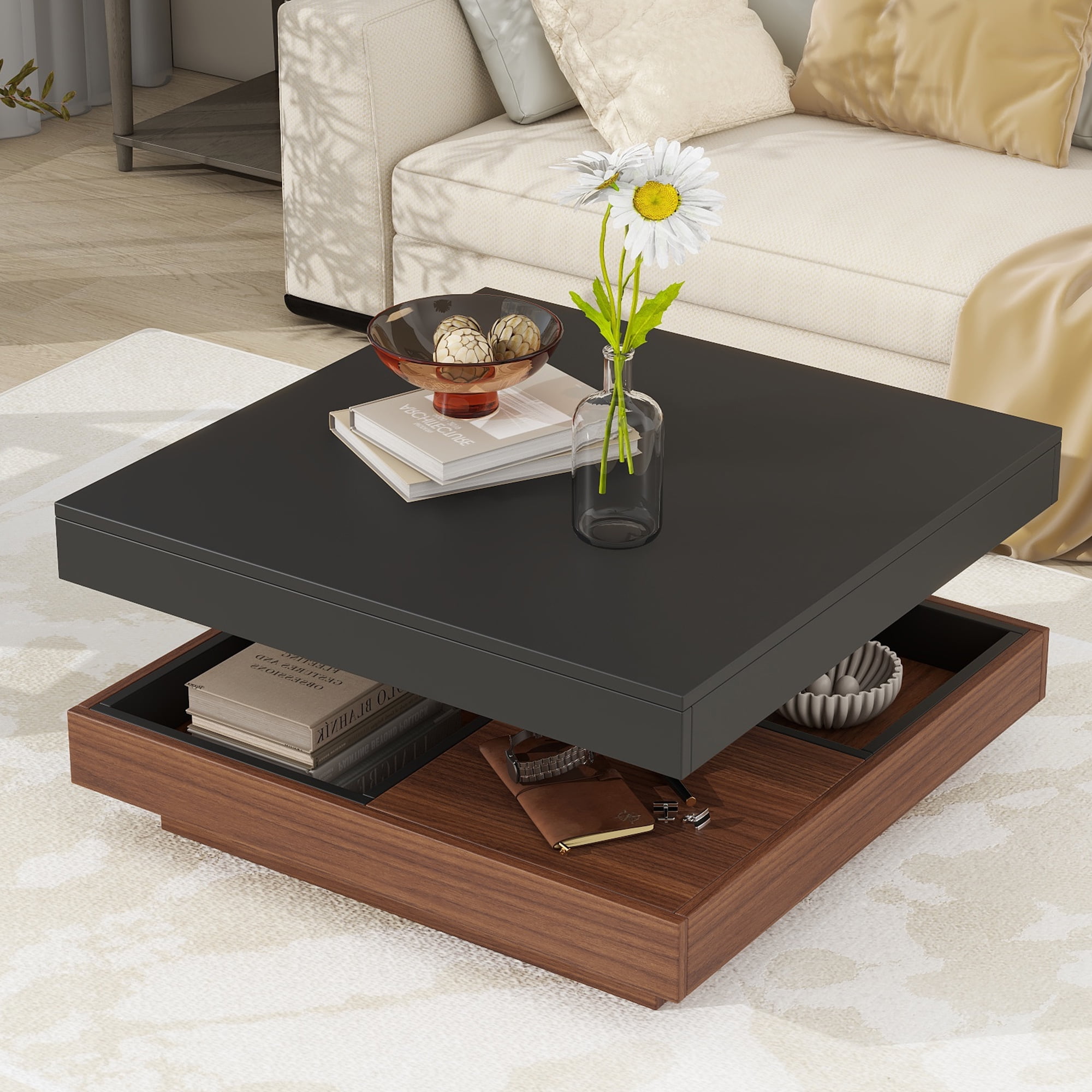 EUROCO Modern 27.5" 360°Rotating Coffee Table with 3 Detachable Tray, 2-Tier Farmhouse Wood Center Table with Storage for Living Room, Black