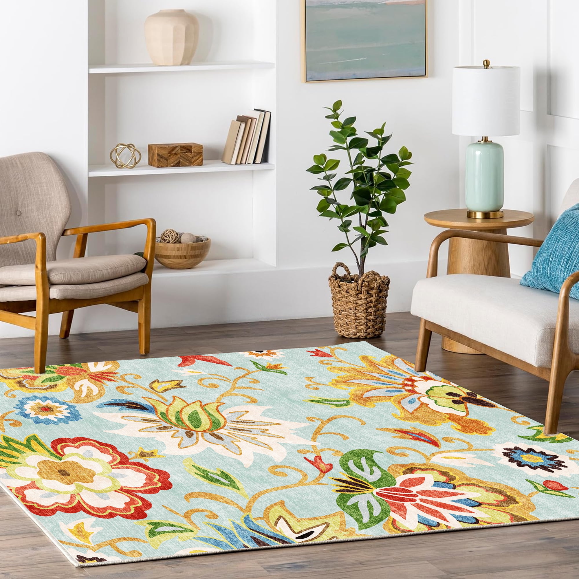 Floral Area Rug 4x6 Living Room Rug Non Slip Washable Bedroom Rug Soft Low Pile Flowers Floor Carpet for Living Dining Room,Red