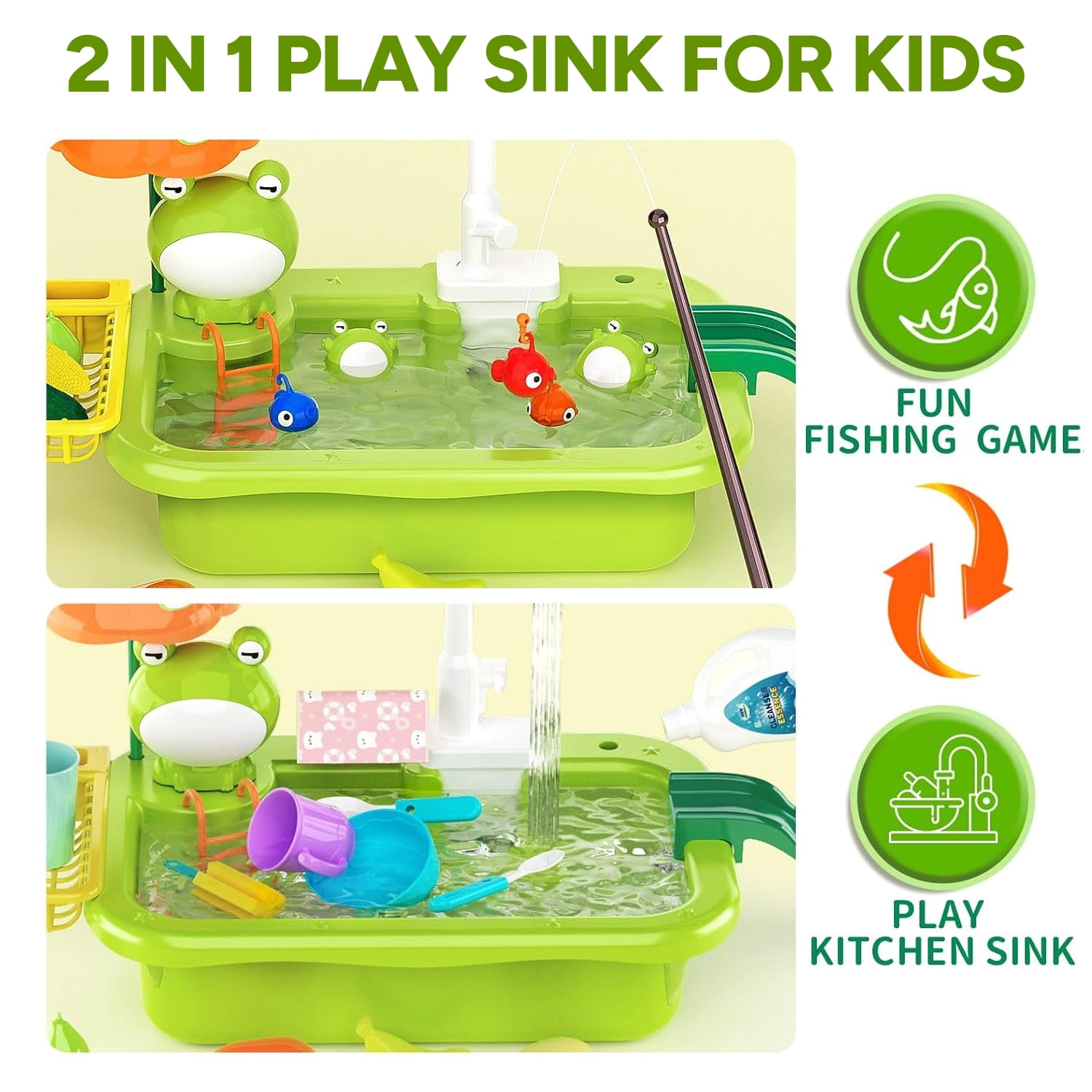 LieGorJi Play Sink with Running Water, Kitchen Kids Sink Toys with Fishing Game, Dishwasher Play Set for Floating Pool Water Play, Birthday Gifts for 1 2 3 4 5 6 7 8 Year Old