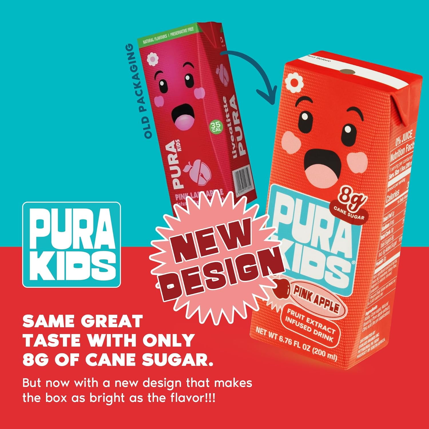 PURA Kids Box | Pink Apple Fruit extract infused Drink for kids | 8g Pure Cane Sugar | Non-GMO | Vegan, No Artificial Sweeteners | Best Lunchbox Beverage with Paper Straw | 6.67 fl oz (200ml) 24-Pack
