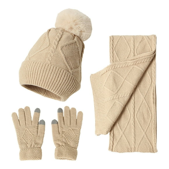 Hontri Hat Gloves Scarf Set Women Women&Men Autumn Winter Warm Cute Wool Hat Scarf Gloves Three Winter Snow Knit Cap Screen Mittens Scarves Sets Young Women Gift Ideas Beige