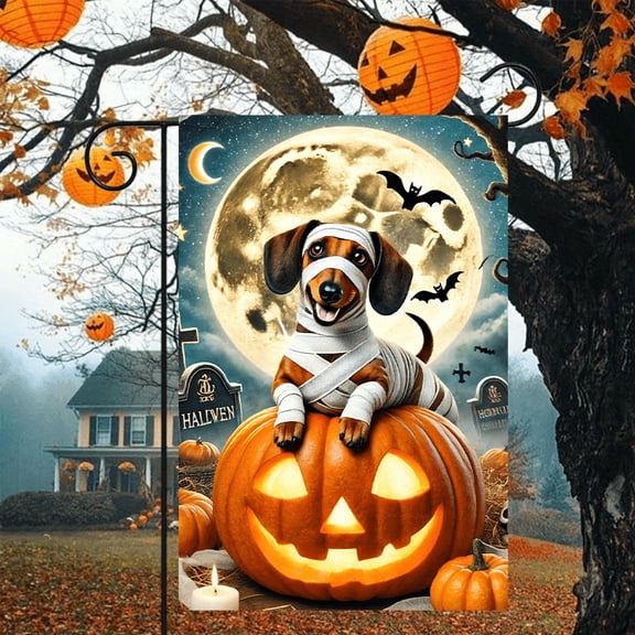1 piece, double-sided Halloween Garden Flag - 2D flat Mummy Dachshund Pumpkin Ghost design, courtyard sign, perfect for courtyard, lawn and outdoor decoration, garden decoration, party decoration ite