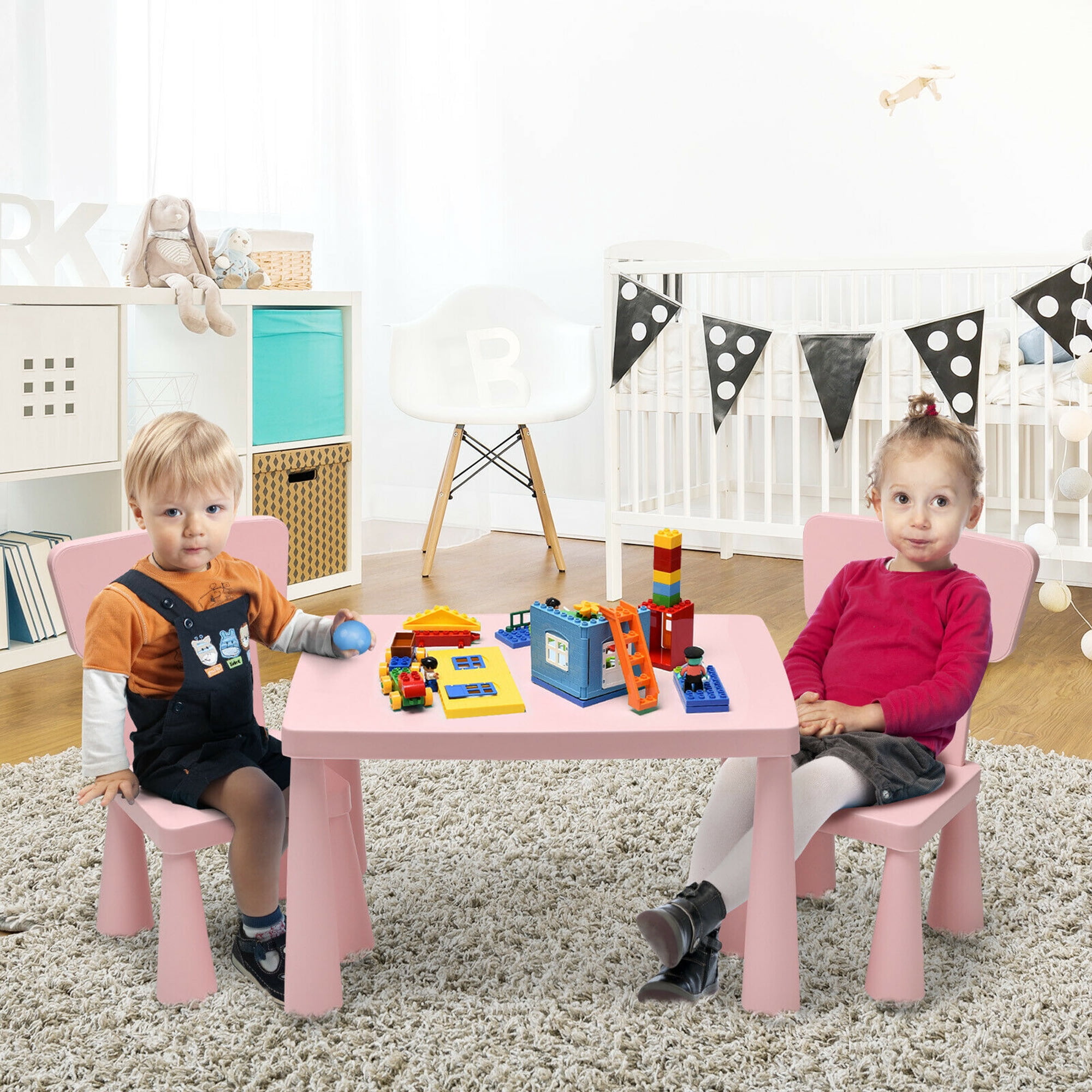 Gymax Toddler Activity Play Dining Study Desk Kids Table & 2 Chairs Set Baby Gift Pink