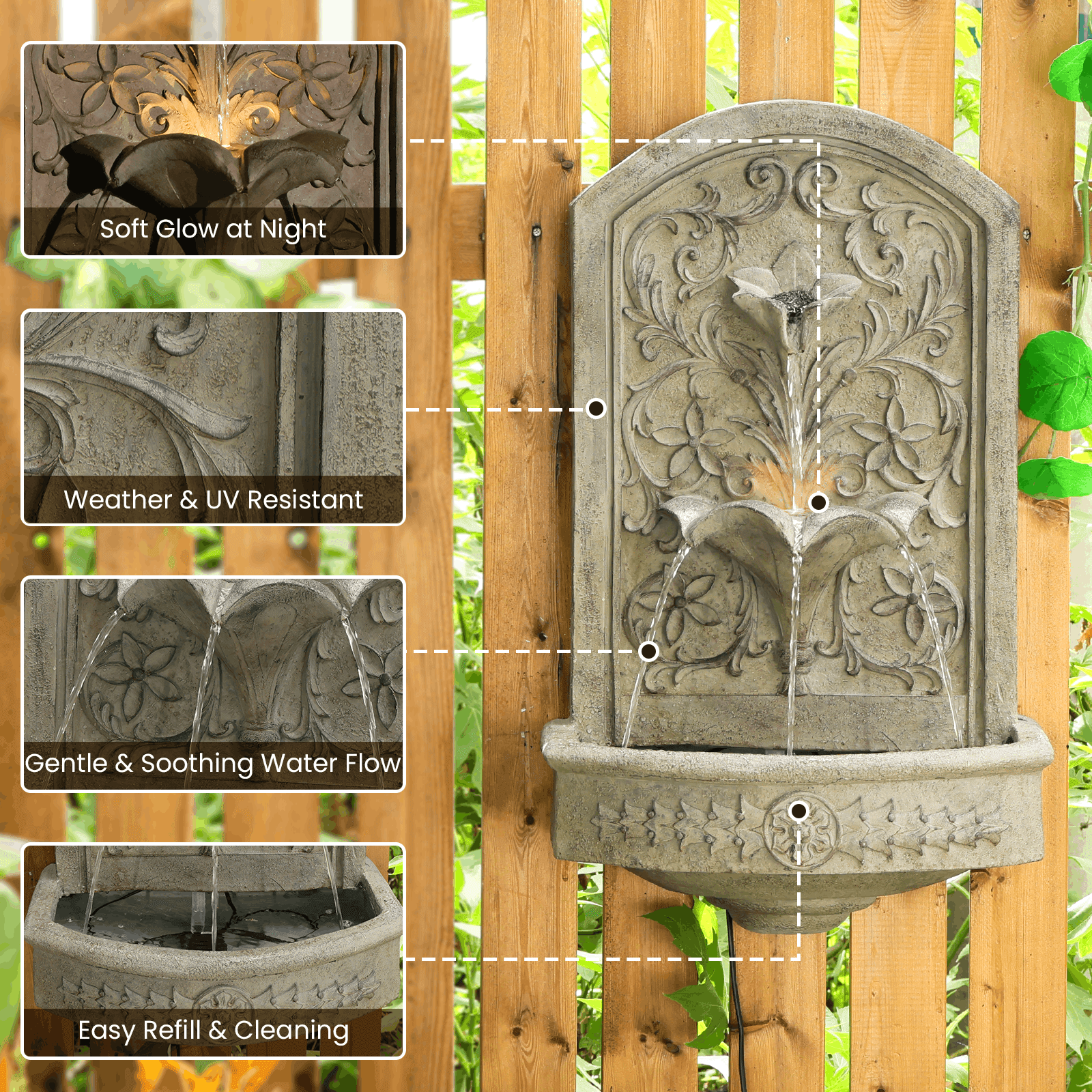 Vintage Wall-Mounted Outdoor Fountain, 28.3" H Resin Garden Water Feature with Floral Carving, Decorative Antique Wall Waterfall for Patio, Yard, Porch & Home Décor