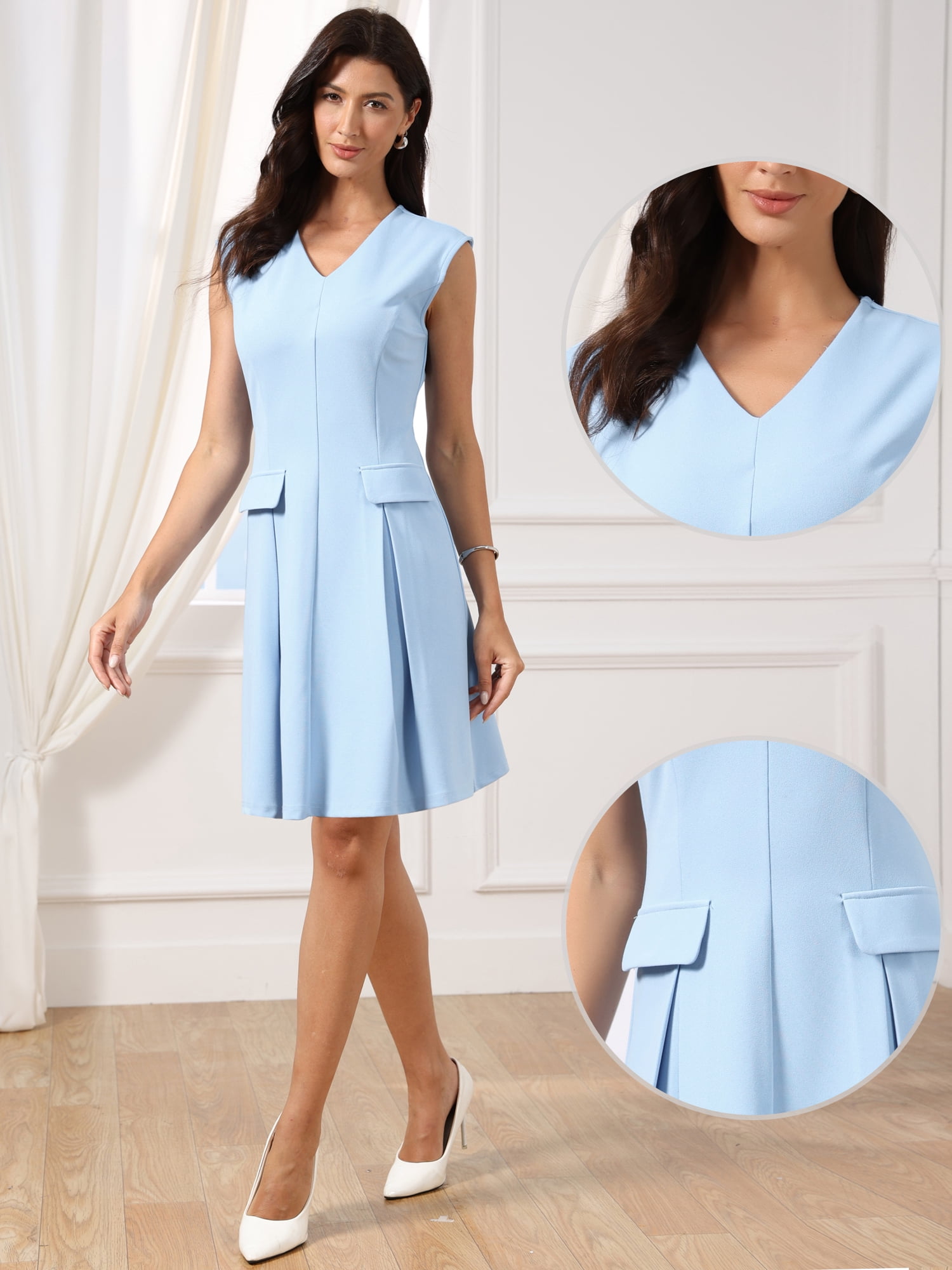 DARING DIVA Women's Sleeveless V Neck Elegant Work Office A-Line Mini Dress L Light Blue