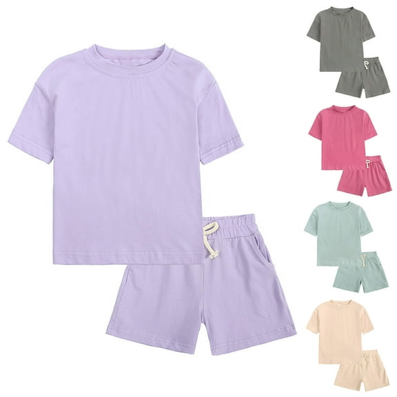 HVOBTTY Kid's Comfy Daily Pajama Set, Toddler Summer Outfit Sets, Kids Fashion Casual Soft Solid Color Round Neck Short Sleeve Top and Shorts 2 Piece Home Wear Outfits Sets Green, 6-7 Years