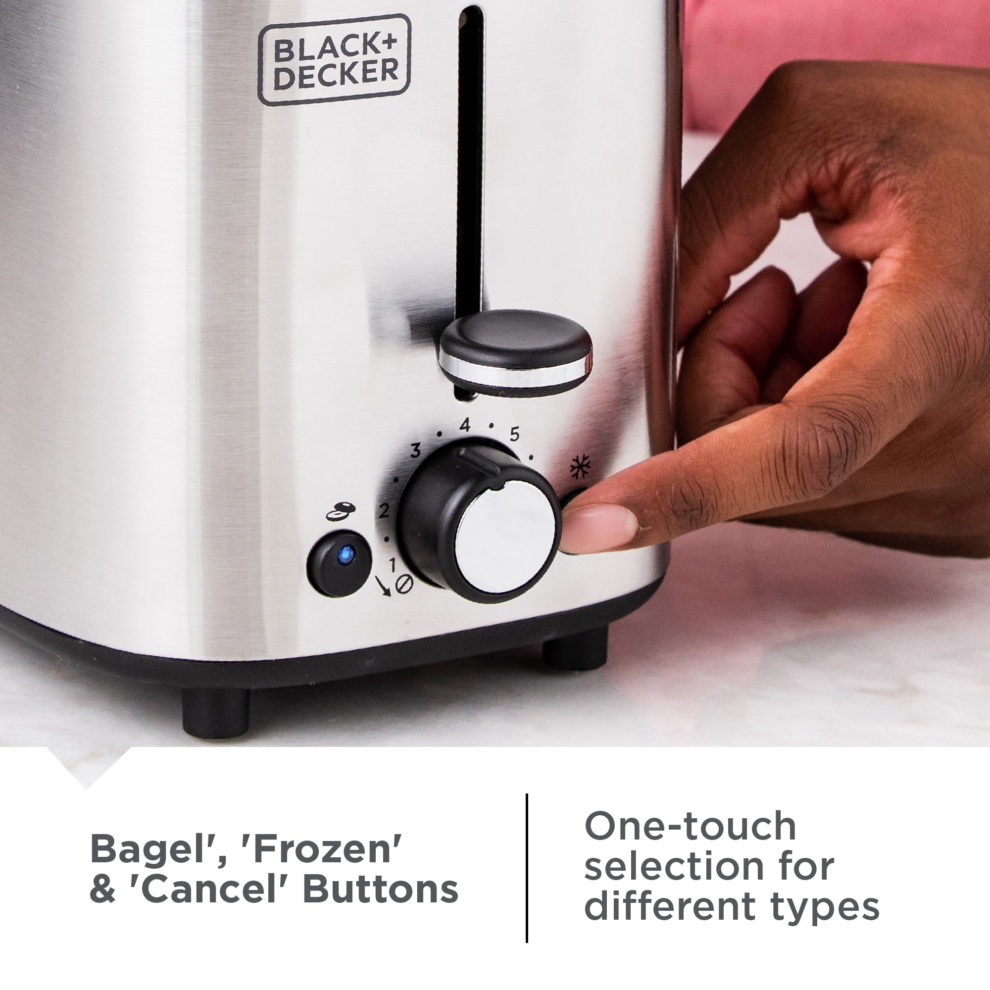 BLACK+DECKER 2‑Slice Toaster, Stainless Steel, Extra‑Wide Self‑Centering Slots, 7 Adjustable Shade Settings