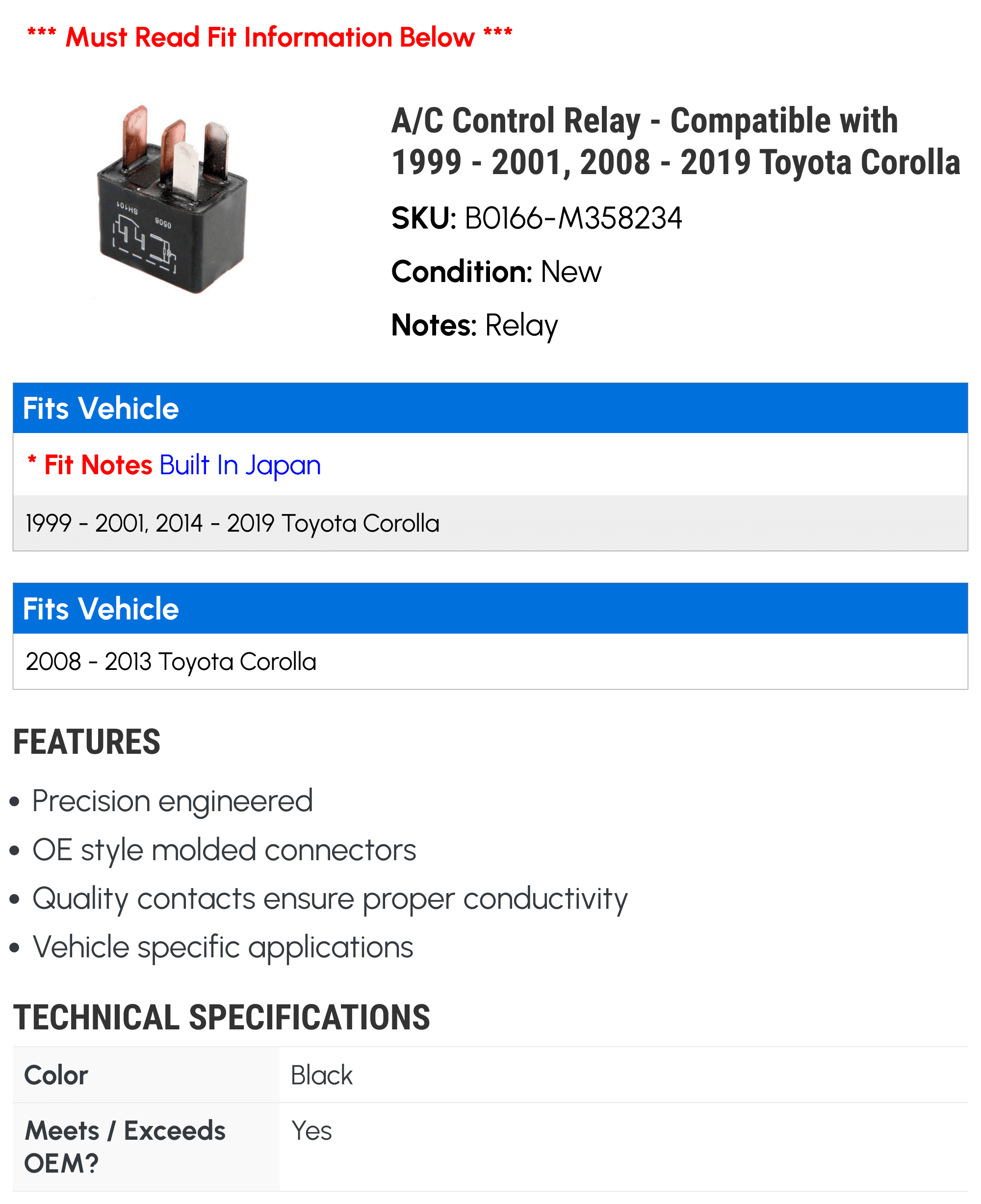 A/C Control Relay - Compatible with 1999 - 2001, 2008 - 2019 Toyota Corolla 2000 2009 2010 2011 2012 2013 2014 2015 2016 2017 2018