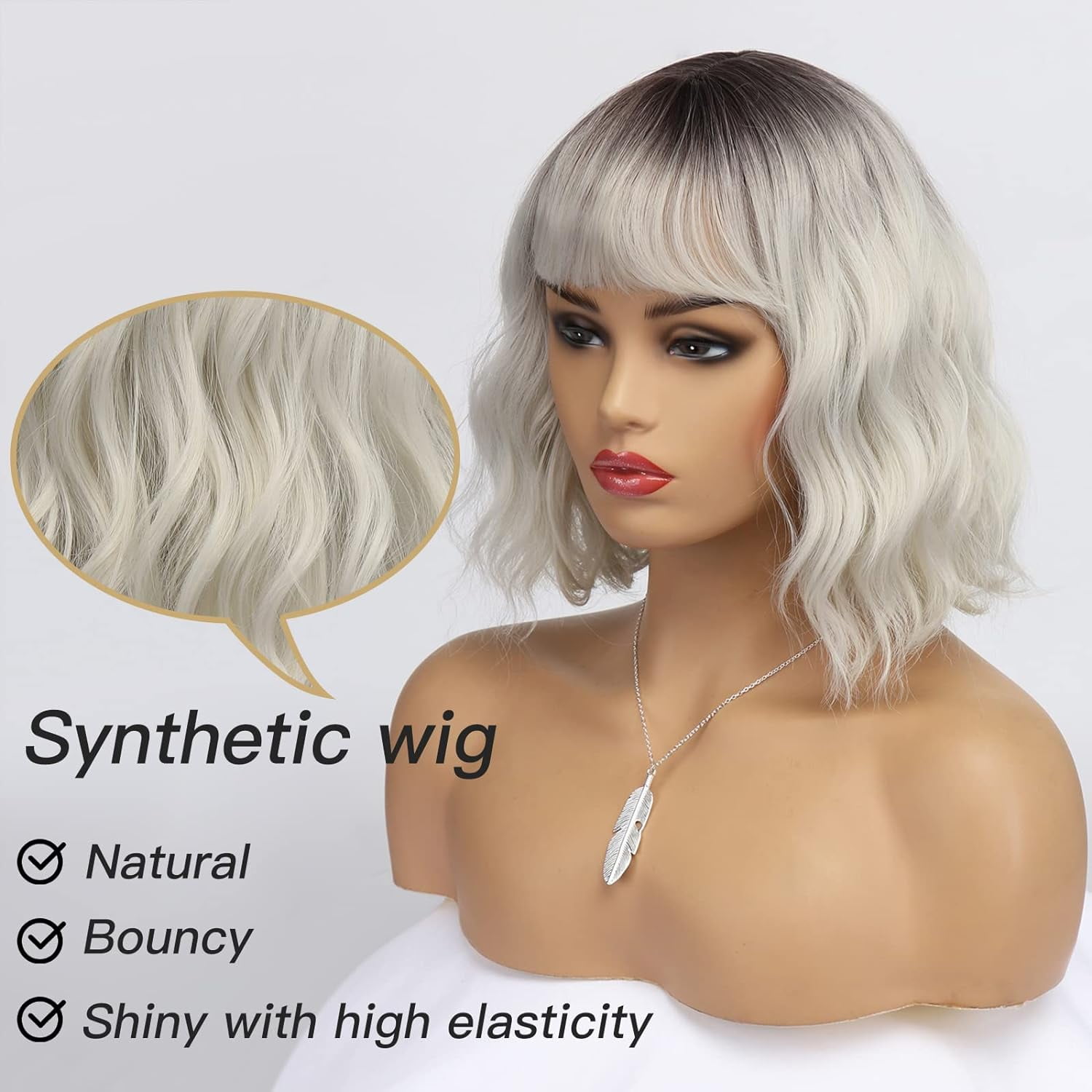 DOPI Short White Silver Wigs for Women Ombre Grey Wavy Bob Wig with Bangs Medium Length Synthetic Hair Water Wave Dark Roots Wig Gray Colorful Wigs（12 Inches）