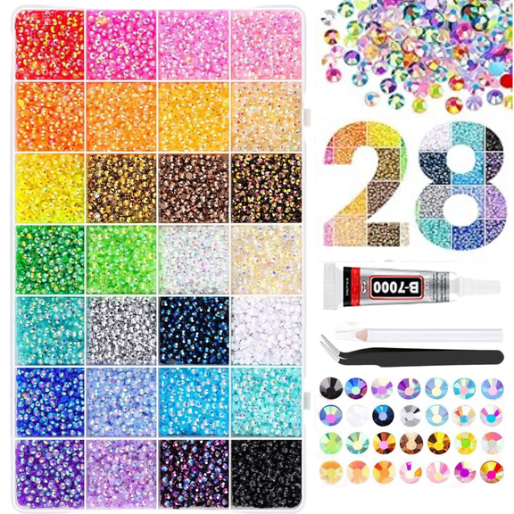 30000Pcs in 28 Colors Rhinestones for Bedazzling and Diamond Art,3mm Flatback Gems with 10ml B7000 Jewelry Glue Tweezers,Perfect for Nail Art,Crafting,Clothing,Fabric Decor