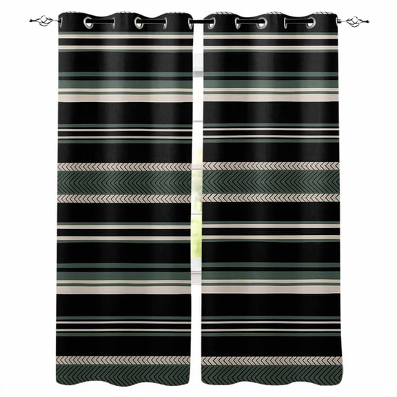Fsddascl Black Green Beige Blackout Curtains for Bedroom/Living Room, Thermal Insulated Kitchen Curtains, Boho Farmhouse Vintage Abstract Striped Grommet Darkening Window Treatment Drapes 52"x63"x2