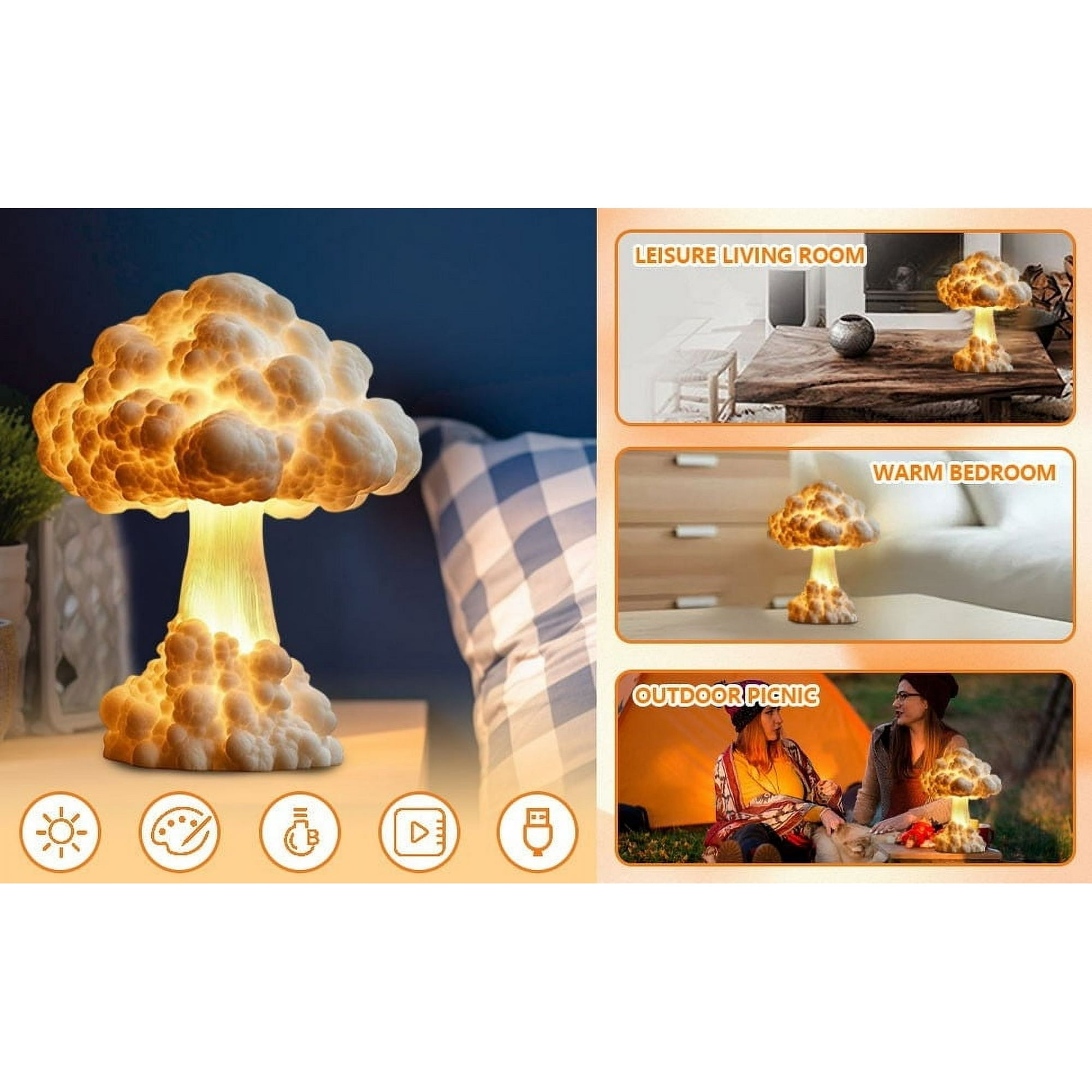 Mushroom Cloud Table Lamp, Atomic Bomb Blast 3D Explosion Night Light, Unique Handmade Resin Lamp for Bedroom, Desk, Home Decor & Creative Gifts Battery Model，2pc
