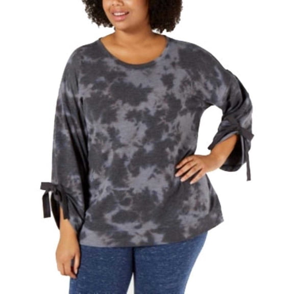 Ideology Women's Plus Tie-Dyed Crewneck Tie Sleeve Top Charcoal Size 2X