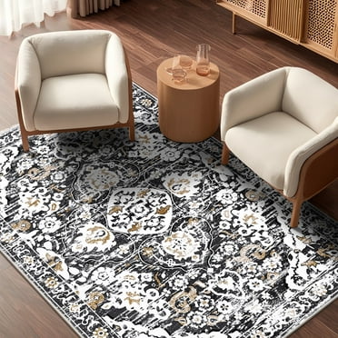 MeyJey Boho Indoor Living Room Area Rug 3'x5', Non-Slip Machine Washable Vintage Oriental Distressed Floor Carpet for Bedroom Dining Kitchen Hallway Nursery, Gray/Brown