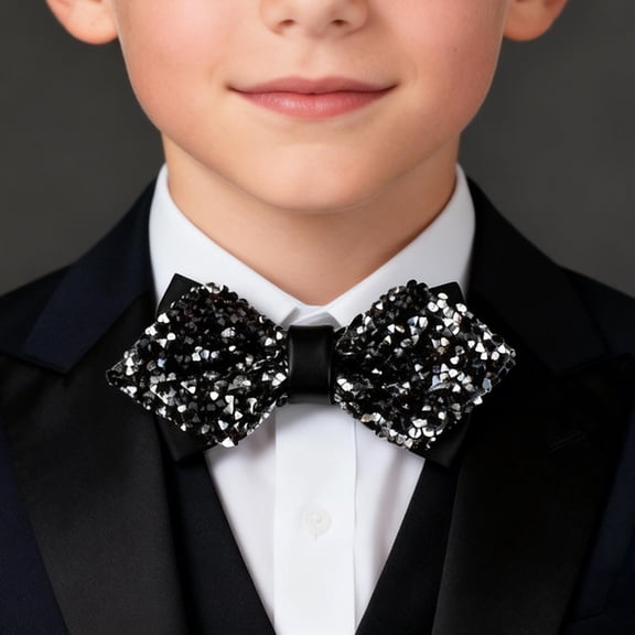 Boys' Bow Tie for Ages 5-10, Crystal Encrusted Leather Bow Tie for Kids, Formal Bow Tie for Wedding, Party, Hosting, and Suit Accessories Black