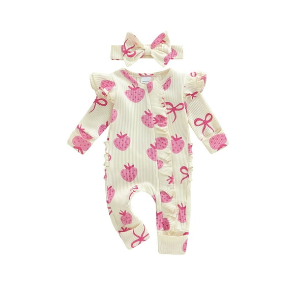 BemeyourBBs Newborn Baby Girls Romper Outfit Strawberry Printed Jumpsuit with Headband Cute Infant Clothes
