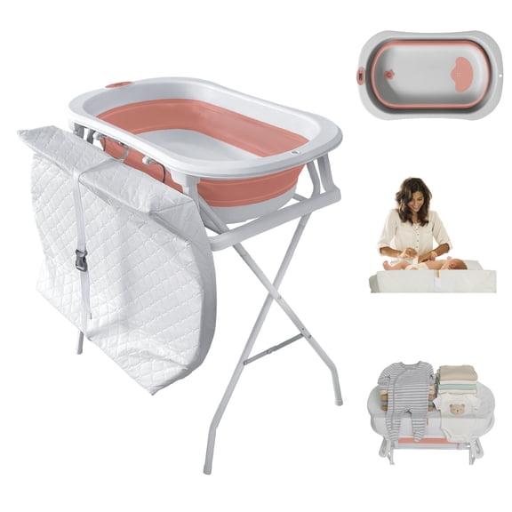 Bebbly Bañera para Bebé con Soporte Metálico, Tina 2 en 1 con Cambiador, Altura Cómoda para Mamá, Compartimentos y Repisa, Plegable y Segura, Ideal para Baño, Cambio y Almacenaje (Rosa)