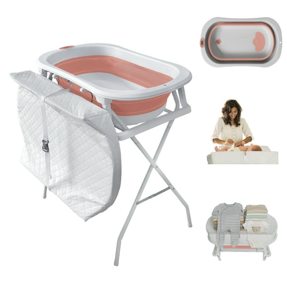 Bebbly Bañera para Bebé con Soporte Metálico, Tina 2 en 1 con Cambiador, Altura Cómoda para Mamá, Compartimentos y Repisa, Plegable y Segura, Ideal para Baño, Cambio y Almacenaje (Rosa)
