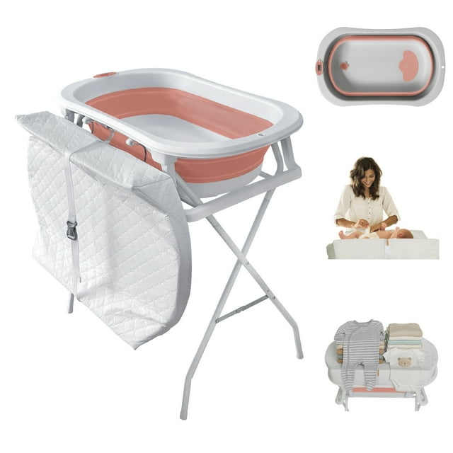 Bebbly Bañera para Bebé con Soporte Metálico, Tina 2 en 1 con Cambiador, Altura Cómoda para Mamá, Compartimentos y Repisa, Plegable y Segura, Ideal para Baño, Cambio y Almacenaje (Rosa)