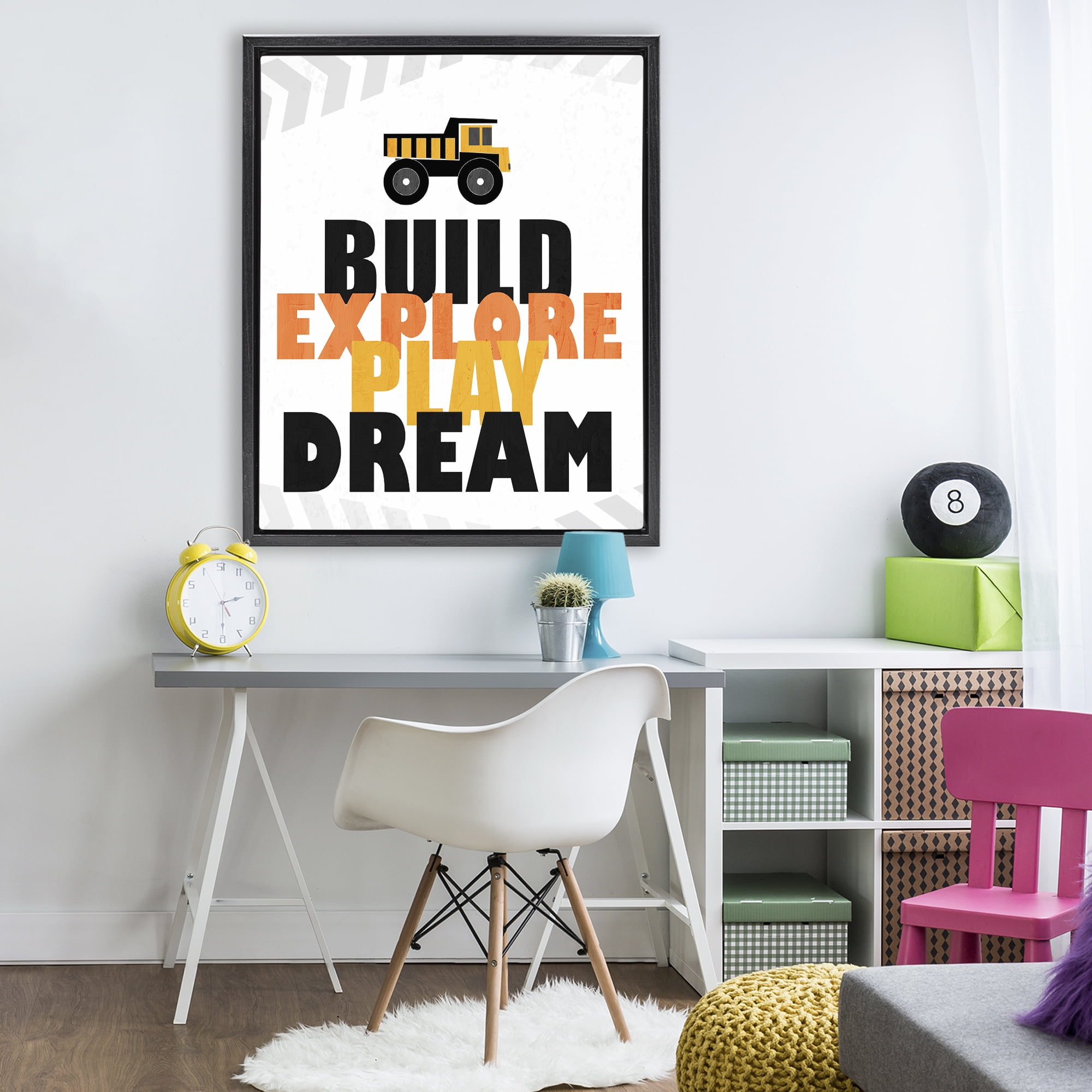 Build Explore Play Dream Black Framed Floater Canvas Wall Art, design by Kim Allen