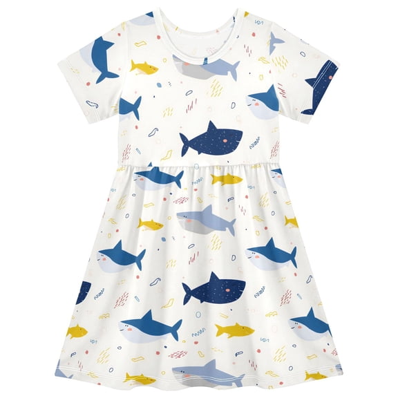 joogoo Sharks Cartoon Girls' Short Sleeve Dress Kids Dresses 5-6T