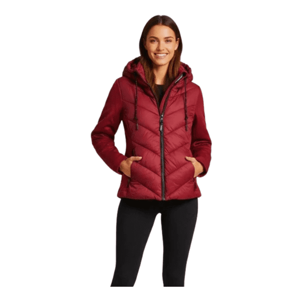 DKNY Women's Puffer Jacket, Lightweight, Hooded, Full Zip, (Dark) Red, Large