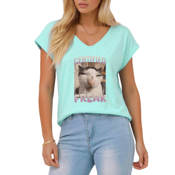 Giffimy Women's Certified Freak Cat Print Blue S-5XL V-Neck Sleeveless T-Shirt Funny Cat Lover Tank Top