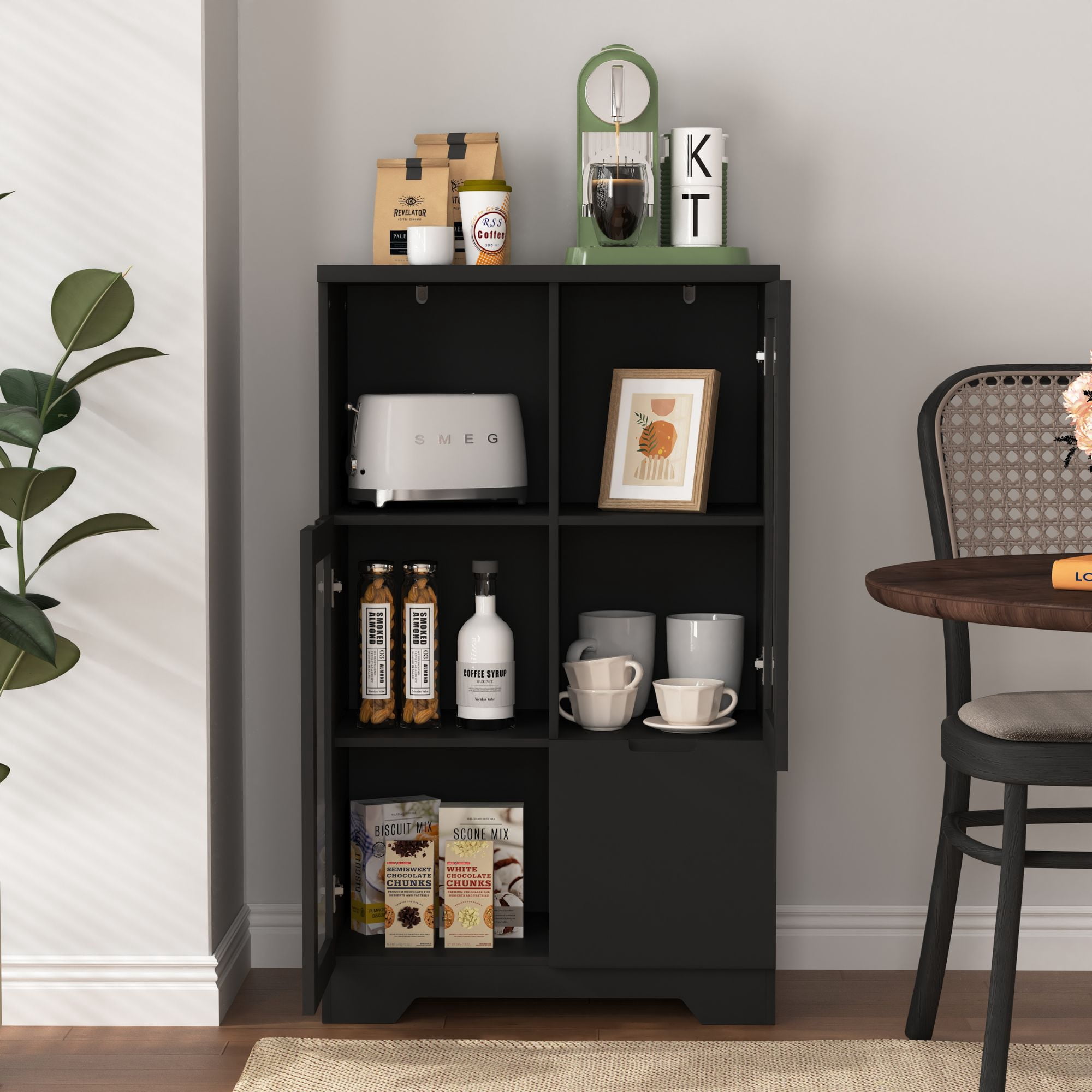 Noble House Storage Cabinet with Glass Doors and Drawer, Adjustable Shelves, Black