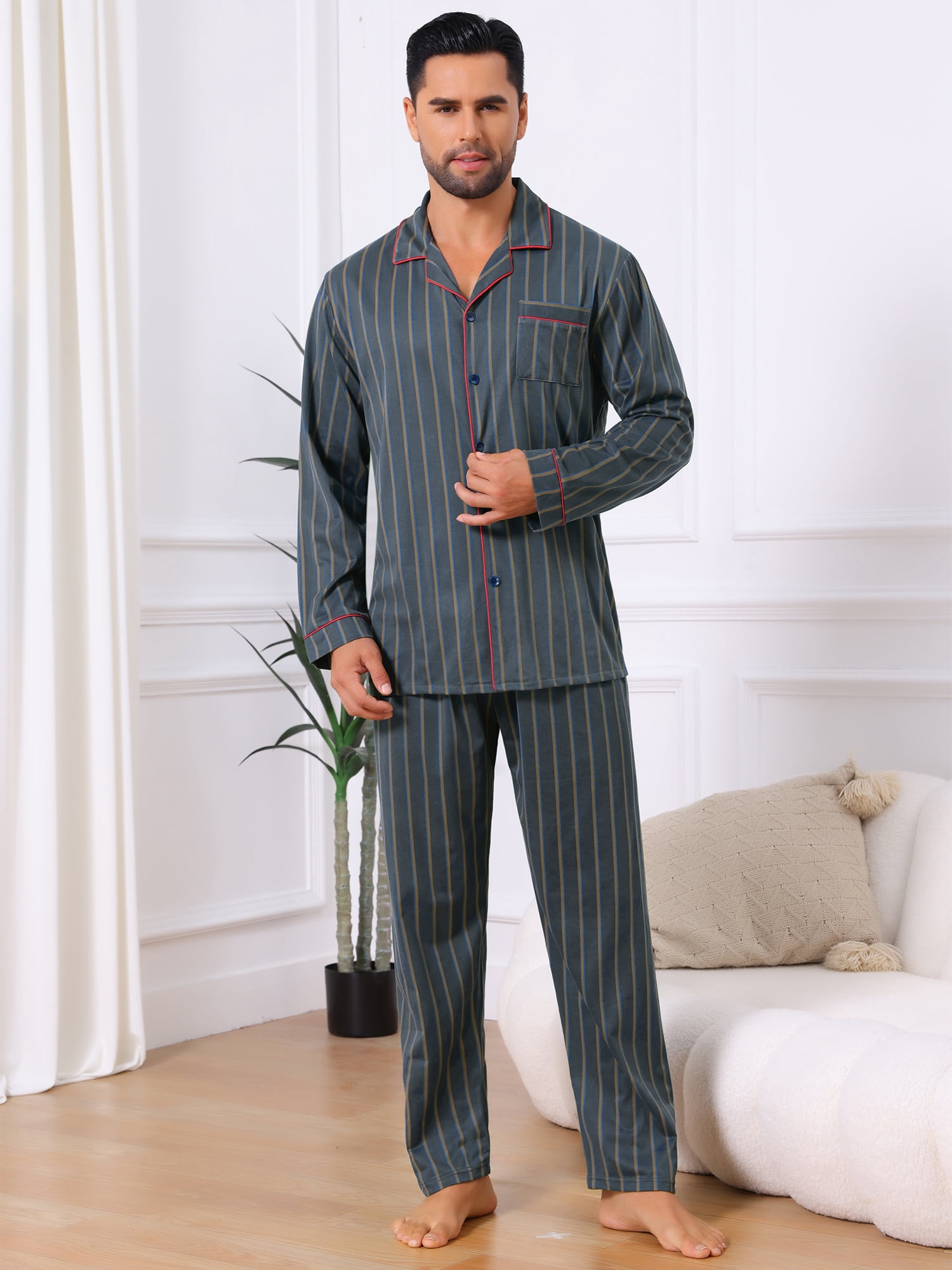 DARING DIVA Men's 2-Piece Long Sleeve Button Down Pocket Pajamas Set S Dark Blue