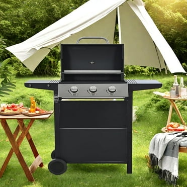 MIDODO 3 Burners Propane Gas Grill, Outdoor BBQ Stainless Steel Grill with Two Side Table & Thermometer, 2 Casters & Cover Lid