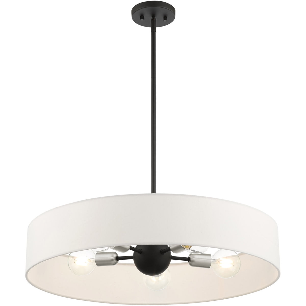 5 Light Black Chandelier with Hand Crafted Off White Fabric Hardback Shade