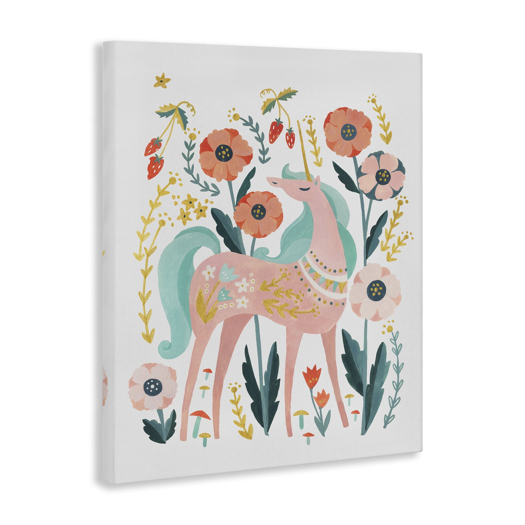 Stupell Industries Pink Unicorn with Florals Fantasy & Sci-Fi Painting Wrapped Canvas Art Print Wall Art, 36 x 48