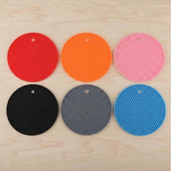6-Pack Silicone Round (7x7") - Heat Resistant Non-Slip Pot Holders with Honeycomb Surface, Food Grade & Dishwasher Safe