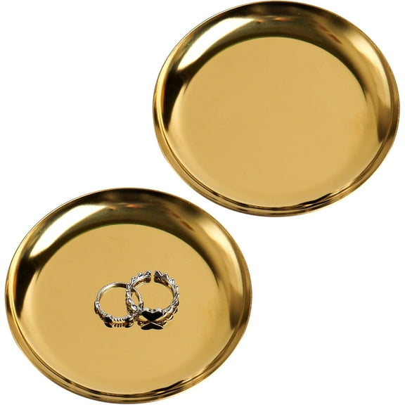 2 Pack Gold Tray,4 inch Stainless Steel Small Gold Decorative Jewelry Tray Gold Dishes Small Round Tray Candle Plate