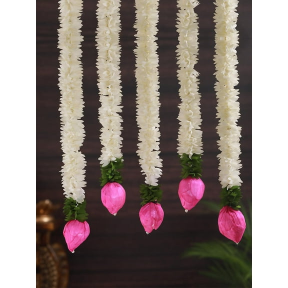 Lotus Hangings for Decoration Home Decor Wall Door Mandir Pooja Room Office Birthday Wedding Stage Backdrop Navratri Decorative Items (37.3 cm Each) Artificial Mogra Flower Garlands 5 Pcs