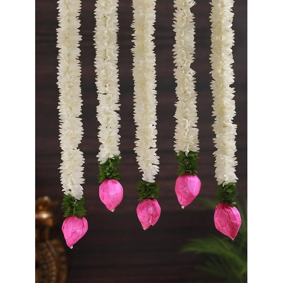 Lotus Suspensions pour Décoration Déco Maison Mur Porte Mandir Pooja Pièce Bureau Anniversaire Mariage Toile de Fond de Scène Navratri Articles Décoratifs (37,3 cm Chacun) Guirlandes de Fleurs Artificielles Mogra 5 Pcs