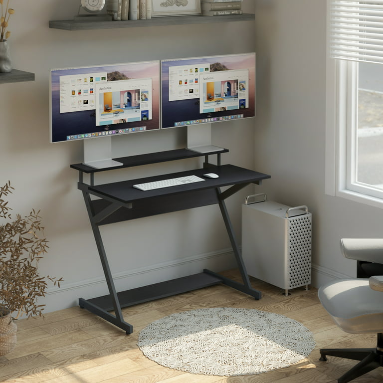 Fitueyes Computer Desk for Small Spaces,27.6 Z-Shaped Compact Study Table with Monitor & Bottom Shelves for Home Office, Black