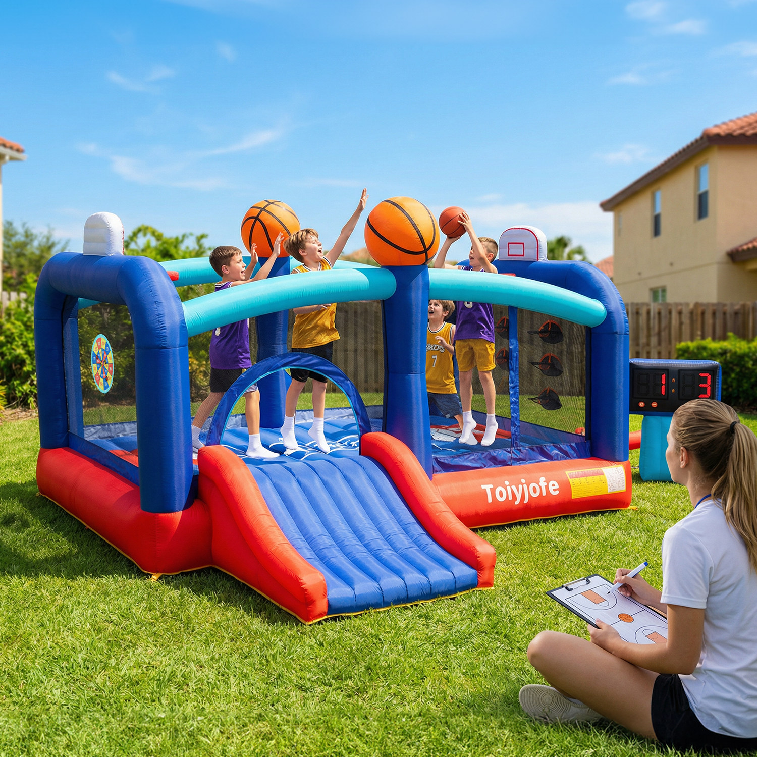 Toiyjofe Large Bounce House for Big Kids 8-12, Basketball Inflatable Bouncer with Slide for Outdoor Party, 16 x 13 FT, GFCI Blower Included
