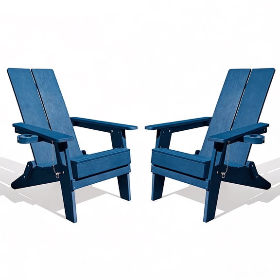 Krikacy 2-Piece Outdoor Folding Adirondack Chairs with Cup Holder Weather Resistant Patio Chairs HIPS Plastic Morden Deck Chair Set for Porch,Backyard,Poolside,380 LBS,Offseason