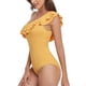 thumbnail image 3 of Traje de baño de una pieza con volantes amarillos para mujer, elegante traje de baño asimétrico de un solo hombro, 3 of 6
