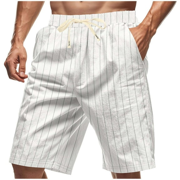 VEKDONE Mens Linen Striped Shorts Elastic Waisted Drawstring Shorts with Pockets Summer Vacation Beach Short Pants Casual Loose Fit Athletic Shorts White XXL