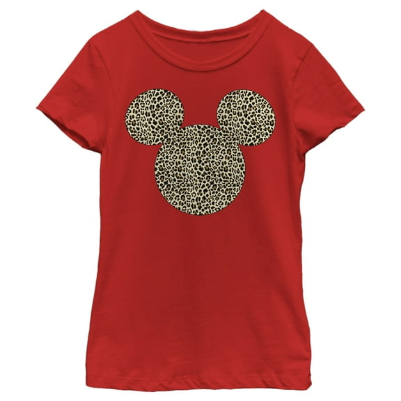 Girl's Mickey & Friends Cheetah Print Mickey Mouse Logo  Graphic Tee Red Medium