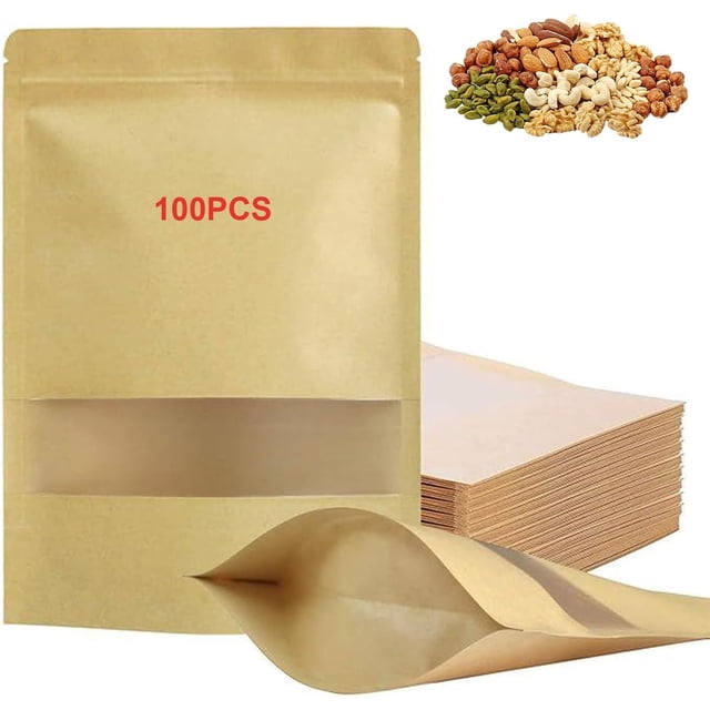 Bolsas de Papel Kraft, 100 Bolsas de Papel Kraft Resellables, Bolsas Pouch con Ventana y Cierre Hermético de Cremallera, Bolsas Resellables para Dulces