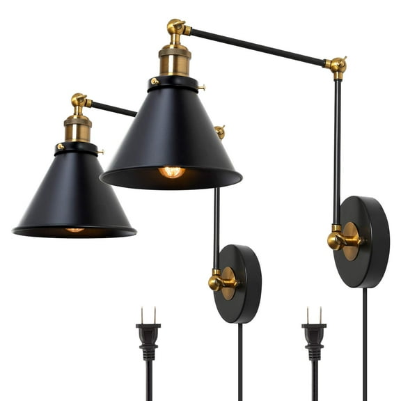LNC Farmhouse Black Wall Sconces Plug-In Wall Light Adjustable (2-Pack)