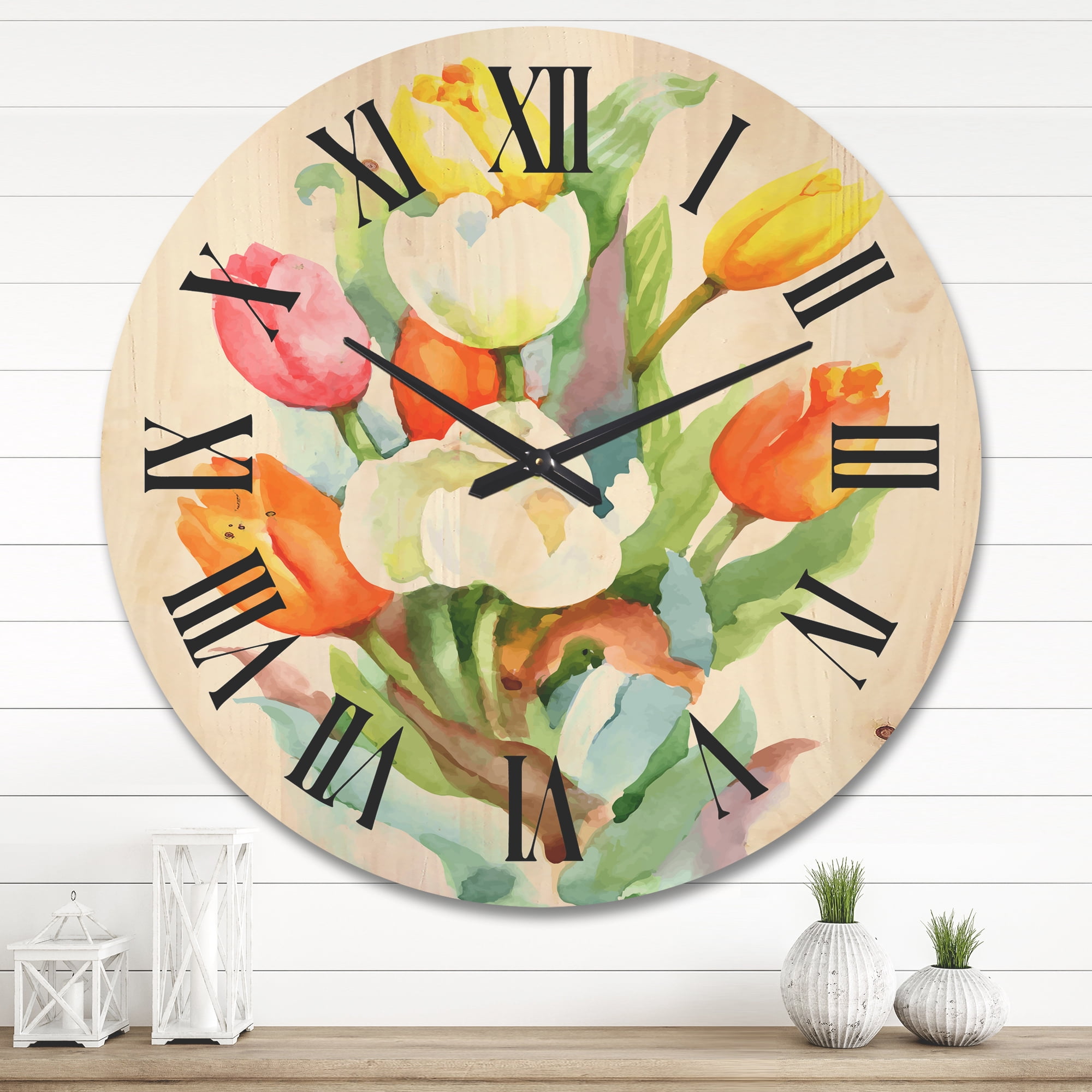 Designart 'Blooming Orange and White Tulips Flower' Traditional Wood Wall Clock